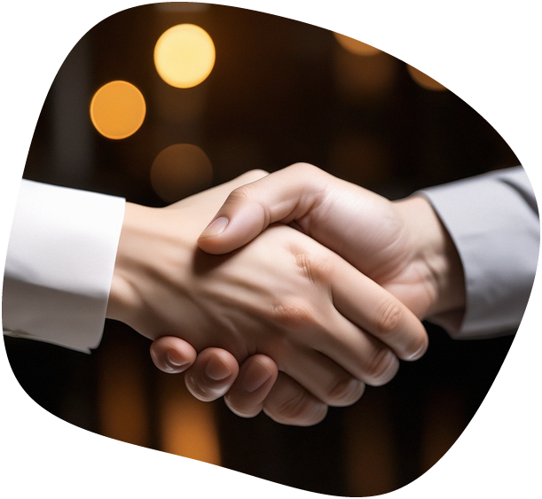 Zwei Hände die sich schütteln, dunkler bokeh hintergrund in einem office setting, golden hour Beleuchtung